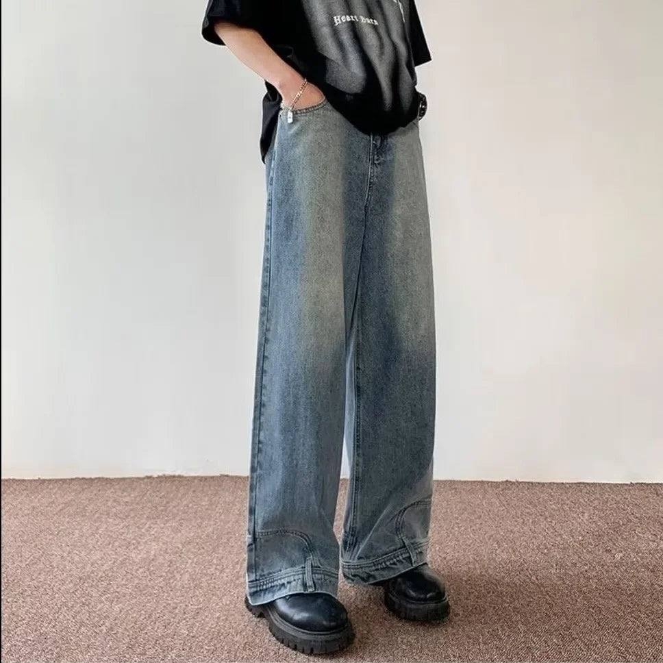 American Style High Street Upside Down Design Sensibility Jeans European Hip Hop Streetwear Fit Straight Leg Pants