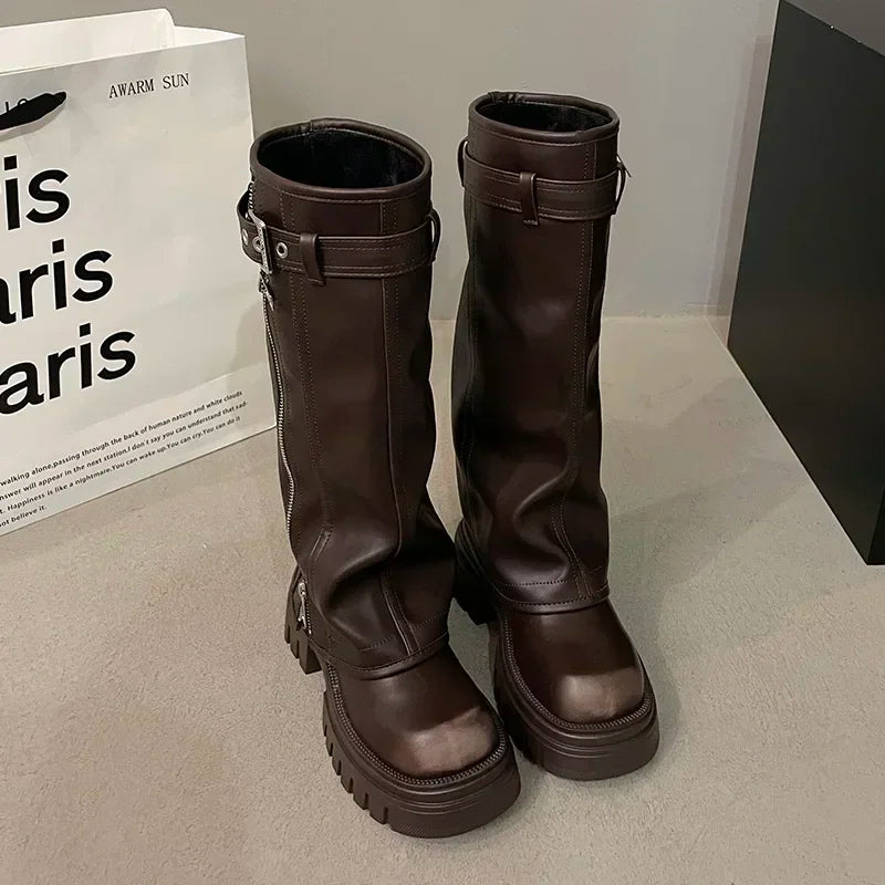 Biker Boots Belt Buckle Ladies Elegant Platform Long Pipe Booties Casual Knee High Booties