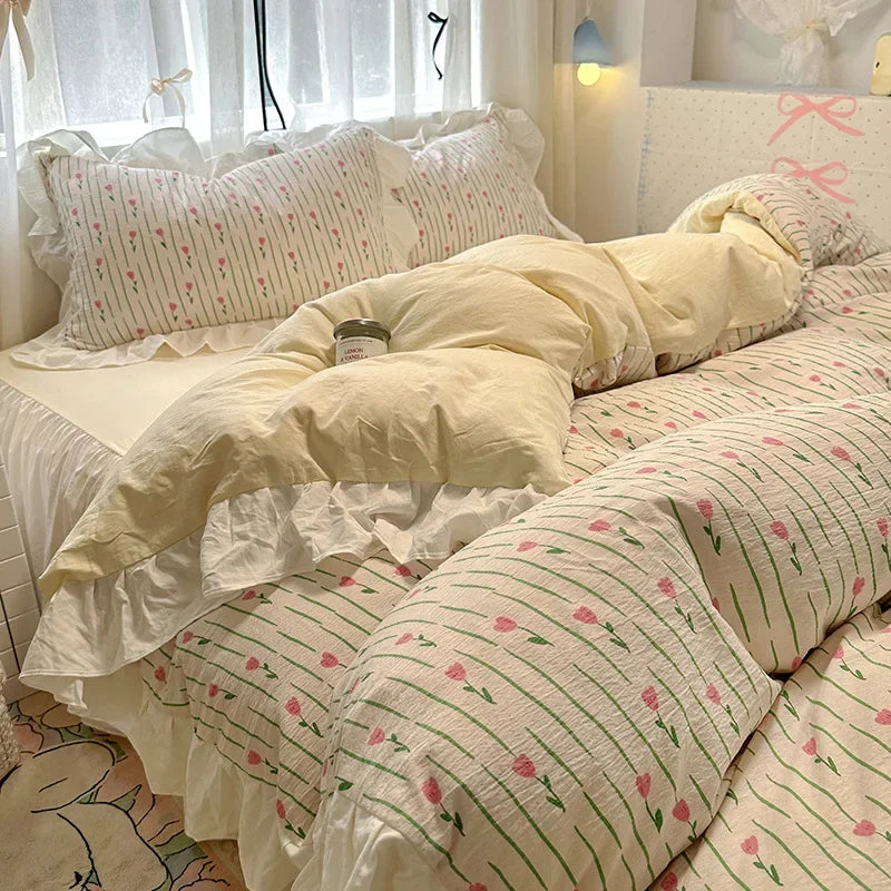 1.5/1.8 Korean Style 100% Cotton Fitted Sheet Sets with Lace Flower Print Bedding Set