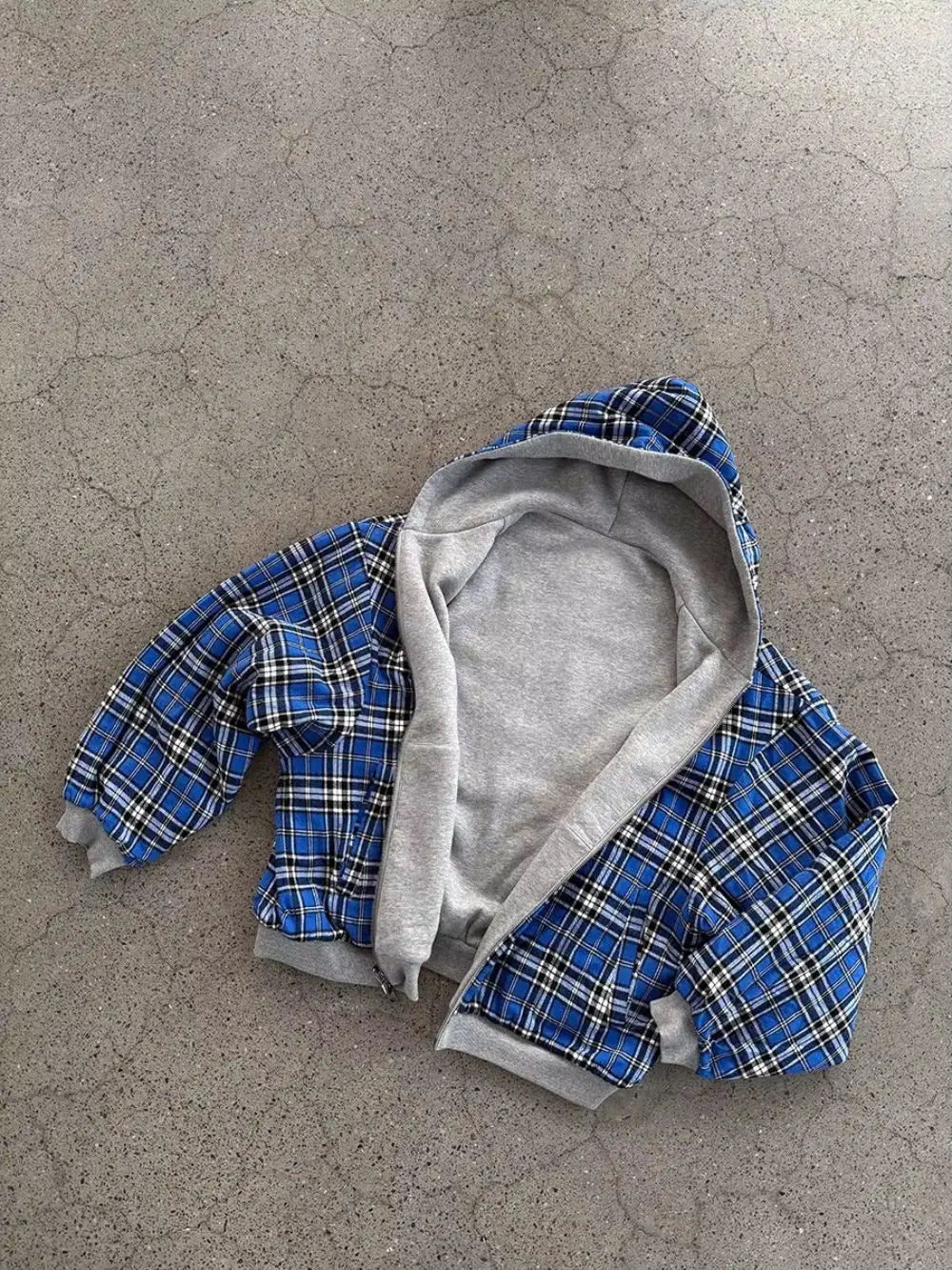 Blue Double-Sided Simple Style Wearable Gray Sweatshirt Plaid Inside Gothic Jacket