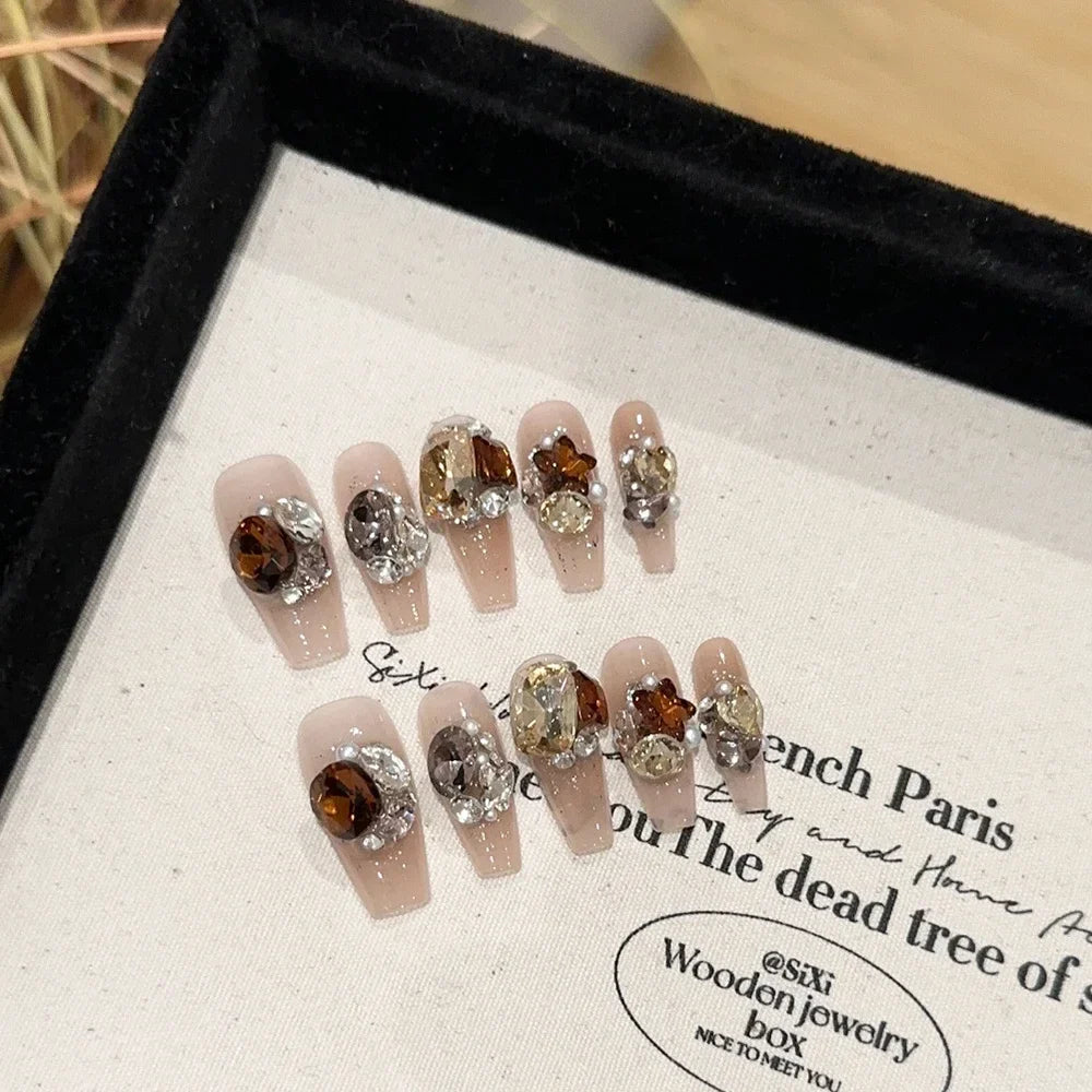 Sweet Lovely Cartoon Bear Long Coffin Stiletto Fake Nails Bowknot Pearl Diamond Flowers Cat Eyes Wearable Fake Nails