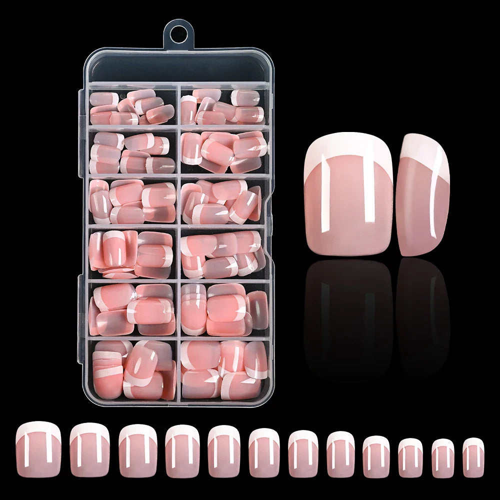 120Pcs Pink French Short Square Fake Nails 12-Sizes Full Cover Press On Nails Wearable Detachable Finished False Fingertips *TD