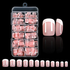 120Pcs Pink French Short Square Fake Nails 12-Sizes Full Cover Press On Nails Wearable Detachable Finished False Fingertips *TD