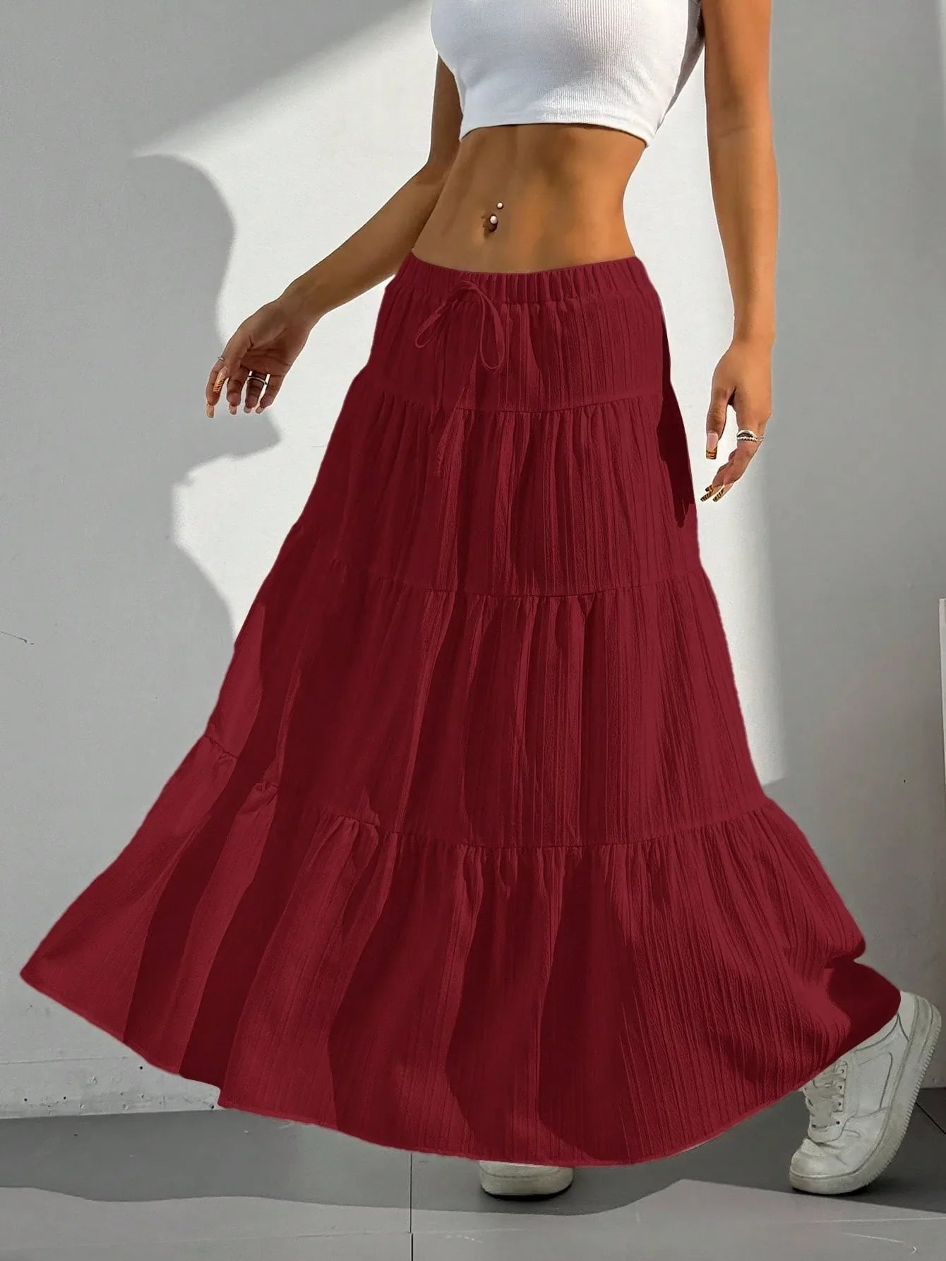 Loose Long Skirts White Solid Basic Lace Up Bow Cake Dress Casual Sweet Office Lady Clothes