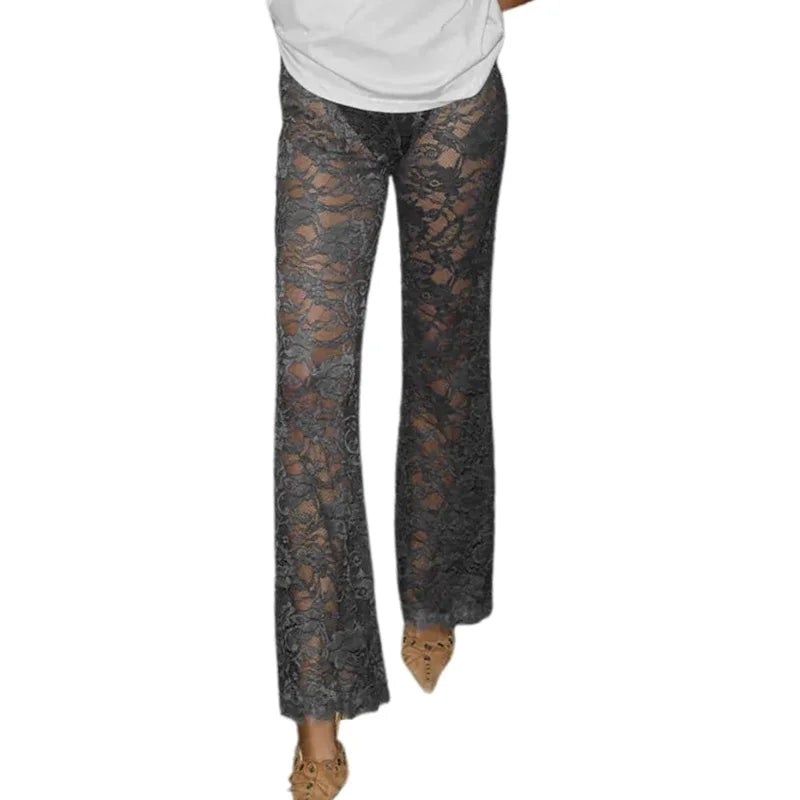 Stylish See-Through Lace Flare Pants High Rise Elastic Waist Bell-Bottoms Streetwear Long Trousers