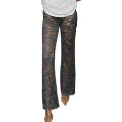 Stylish See-Through Lace Flare Pants High Rise Elastic Waist Bell-Bottoms Streetwear Long Trousers