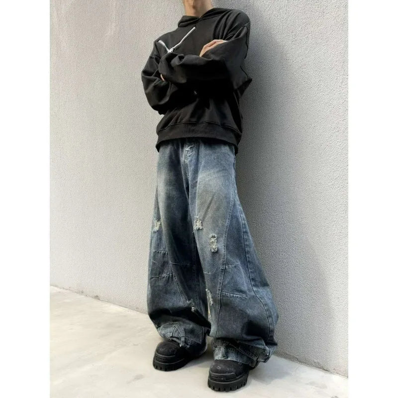 98% Cotton Jeans American Y2k Streetwear Hole Patchwork Design Denim Pants Youth Straight Baggy Stretch Jeans