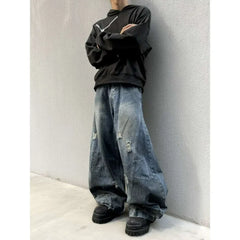 98% Cotton Jeans American Y2k Streetwear Hole Patchwork Design Denim Pants Youth Straight Baggy Stretch Jeans