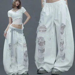 Street White Patchwork Ripped Pants Hiphop Lace Hollow Out Sheer Wide Leg Pants American Vintage Loose Casual Lazy Jazz Trousers