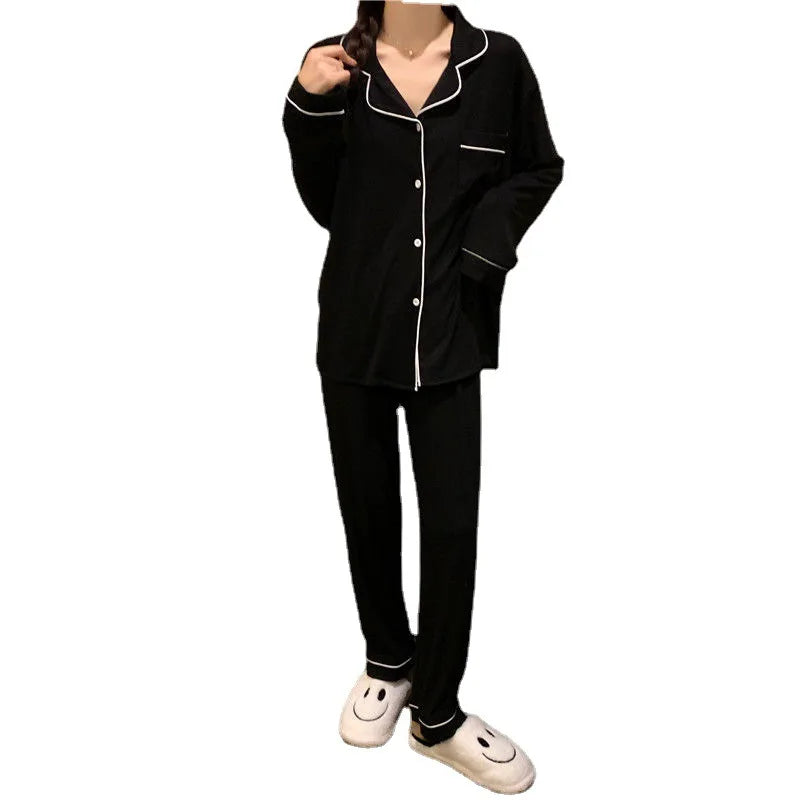 Korean Style Cute Pajama Sleepwear Lady Long Sleeve Tops Pants 2Piece Pyjamas Solid Lingeries Sets Nightwear