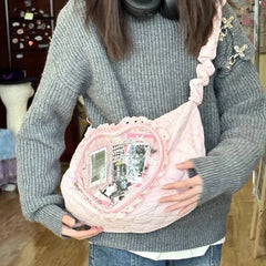 Pink Cute Shoulder Bag Pleated Love Heart Lolita Jk Ita Bag Drawstring Ballet Style Sweet Handbag
