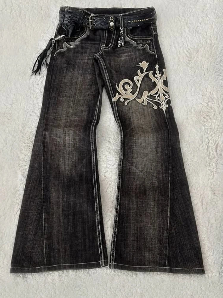 Y2K American retro embroidery pattern horn -shaped jeans street Gothic slim mop pants jeans