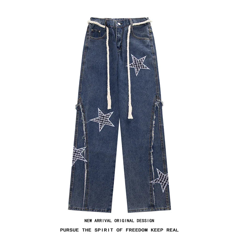 Jeans Patchwork Straight-leg jeans Personalized five-pointed star design Stretch waistband street jeans