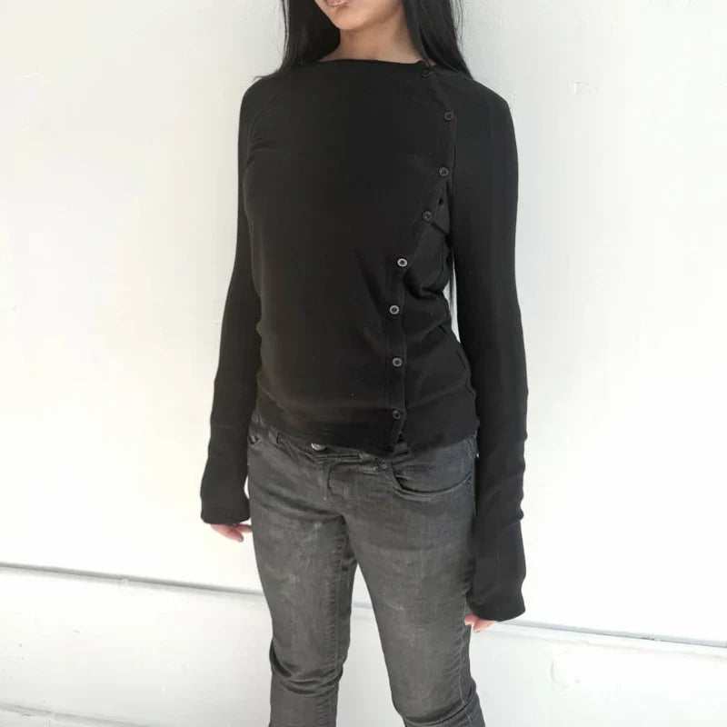 Y2K Solid Color Button Round Neck T-shirt Casual Edition Retro Trend
