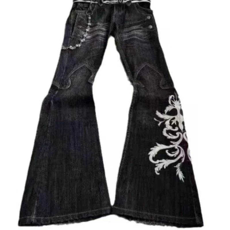 High Waist Harajuku Loose Embroidered Jeans with Rock Punk Style Y2K Micro La Retro Wide Leg Pants