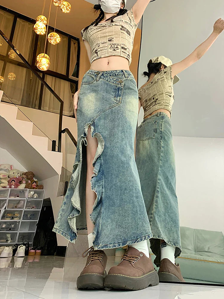 Mermaid Skirt Clothes Blue Skirt Harajuku Korean Girl Casual Chic Vintage A-Line Denim Skirt Split Hem Coquette