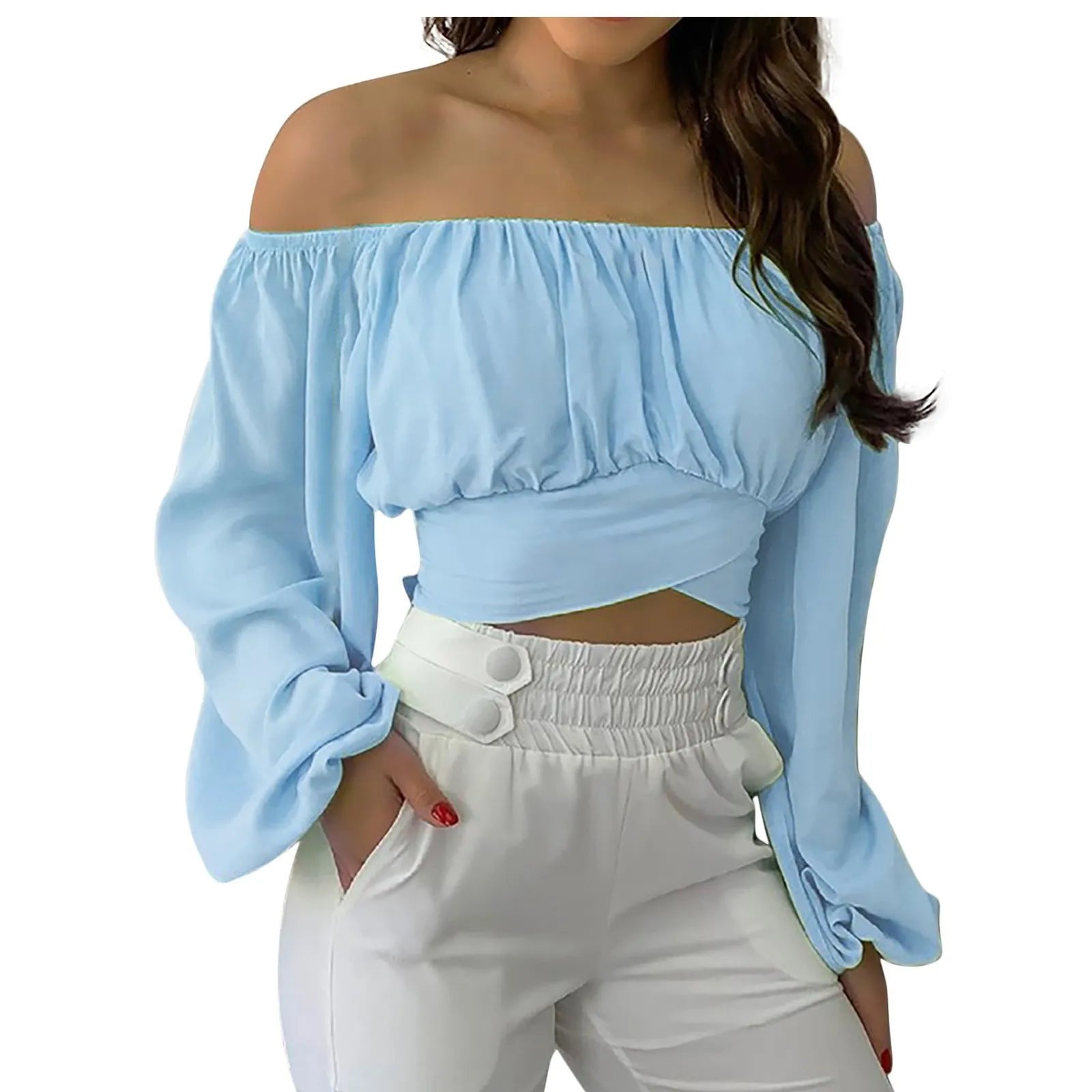 Off Shoulder Shirts Puff Long Sleeve Y2K Crop Tops Clothes Black White Blouse Bandage Elegant Shirt