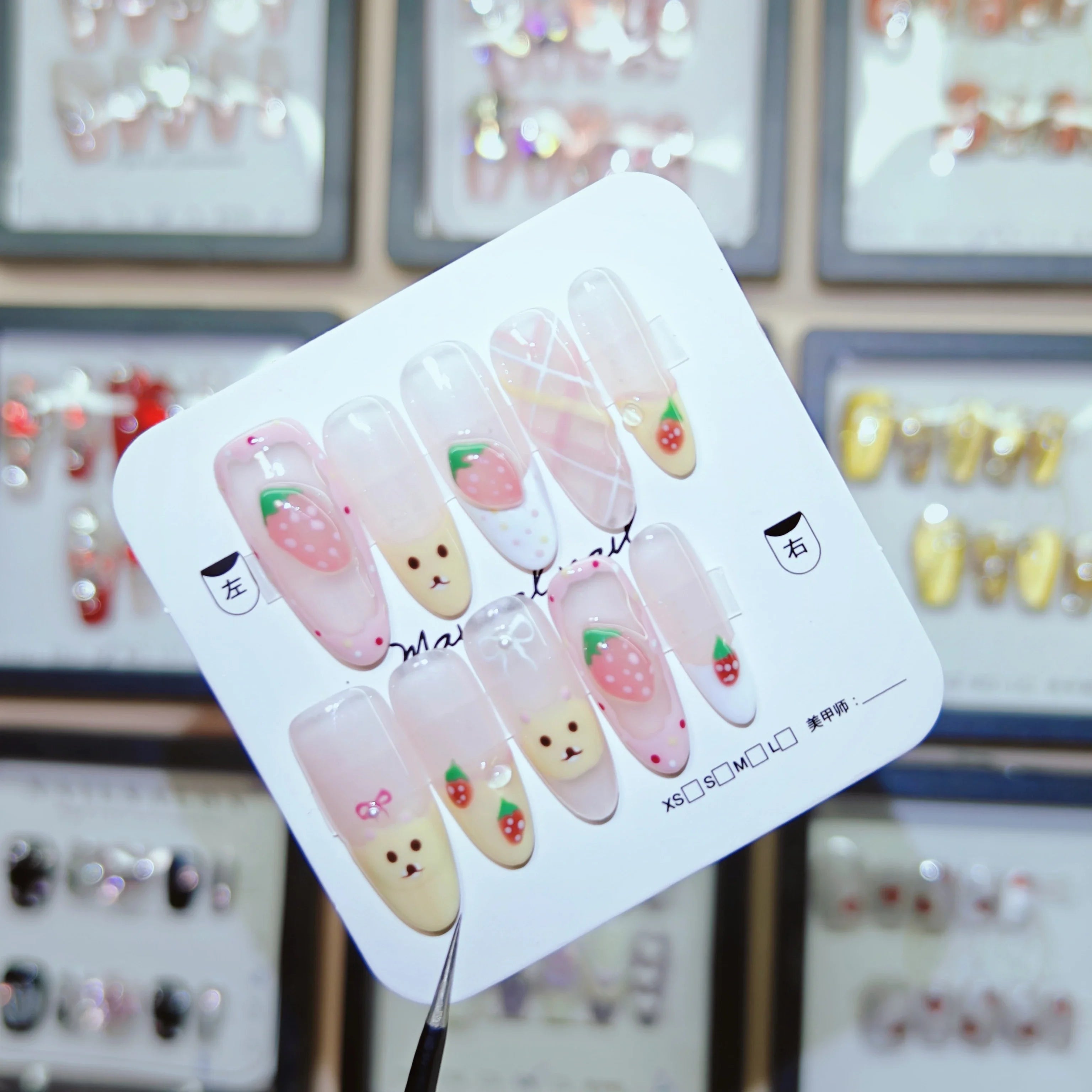 10Pcs Almond Press on Nails with Pink Strawberry Bear Design Acrylic False Nails Cute Full Cover Sweet Girl Wearable Nail Tips