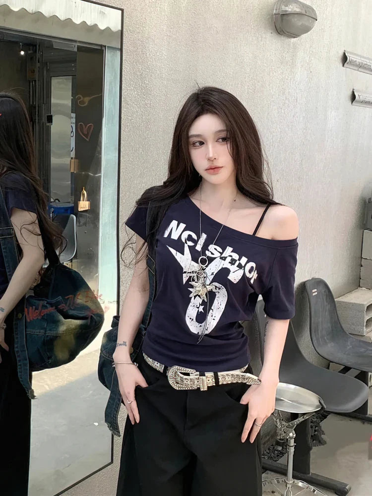 Y2k Sport Off shoulder Top Vintage 2000s Short sleeve T shirt Lady Body Basic Crop Top Casual
