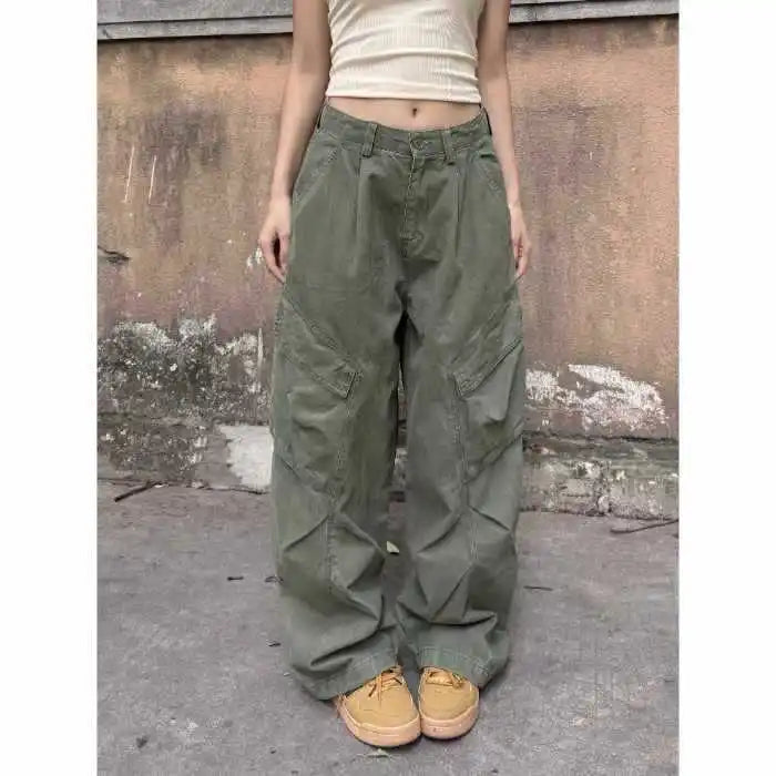 Washed Cotton Cargo Pants Loose Wide Leg Street Dance Long Trousers Multi Pocket Workwear High Waist Casual Pants