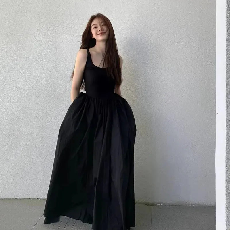 Black Strapless Long Dress Slim Sleeveless O-Neck High Waist Dresses Party Vestidos