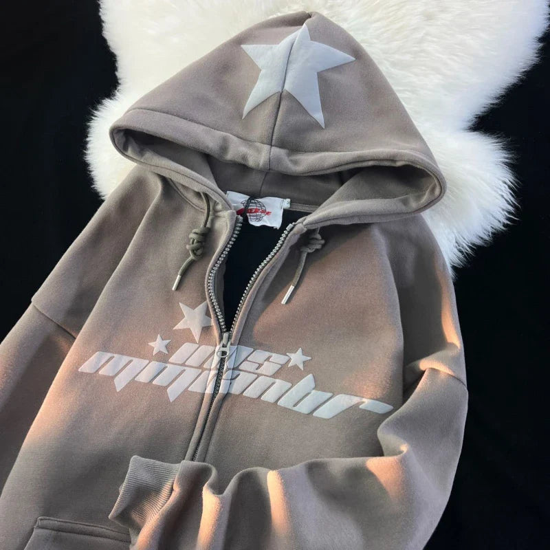 Y2K American Letter Printed Zip-up Hoodies Street Harajuku Style Sweatshirt Couple Casual Loose Plus Velvet Hoodie