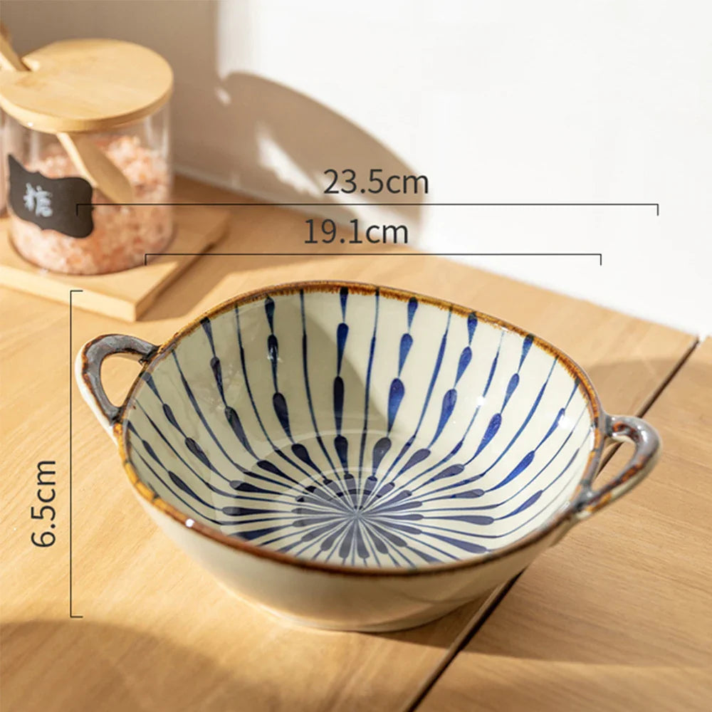 7.5inch Japanese Household Noodle Bowl Ceramic Soup Bowl With Handle Salad Pasta Bowl Kitchen Tableware Microwave Oven Bakware