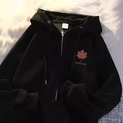 Style Maple Leaf Print Unisex Oversized Versatile Zipper Casual Outerwear Polyester Comfortable Leisure Coat