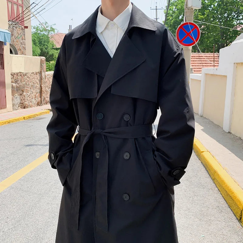 Korean style Trench Coat Male Streetwear Windbreaker Trenchcoat Solid Business Casual Loose Long Overcoat