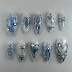 24Pcs Blue Almond Press on Nails with 3D Pearl Design Mid-length Oval False Nails Tips Bow Pattern Wearable Fake Nail