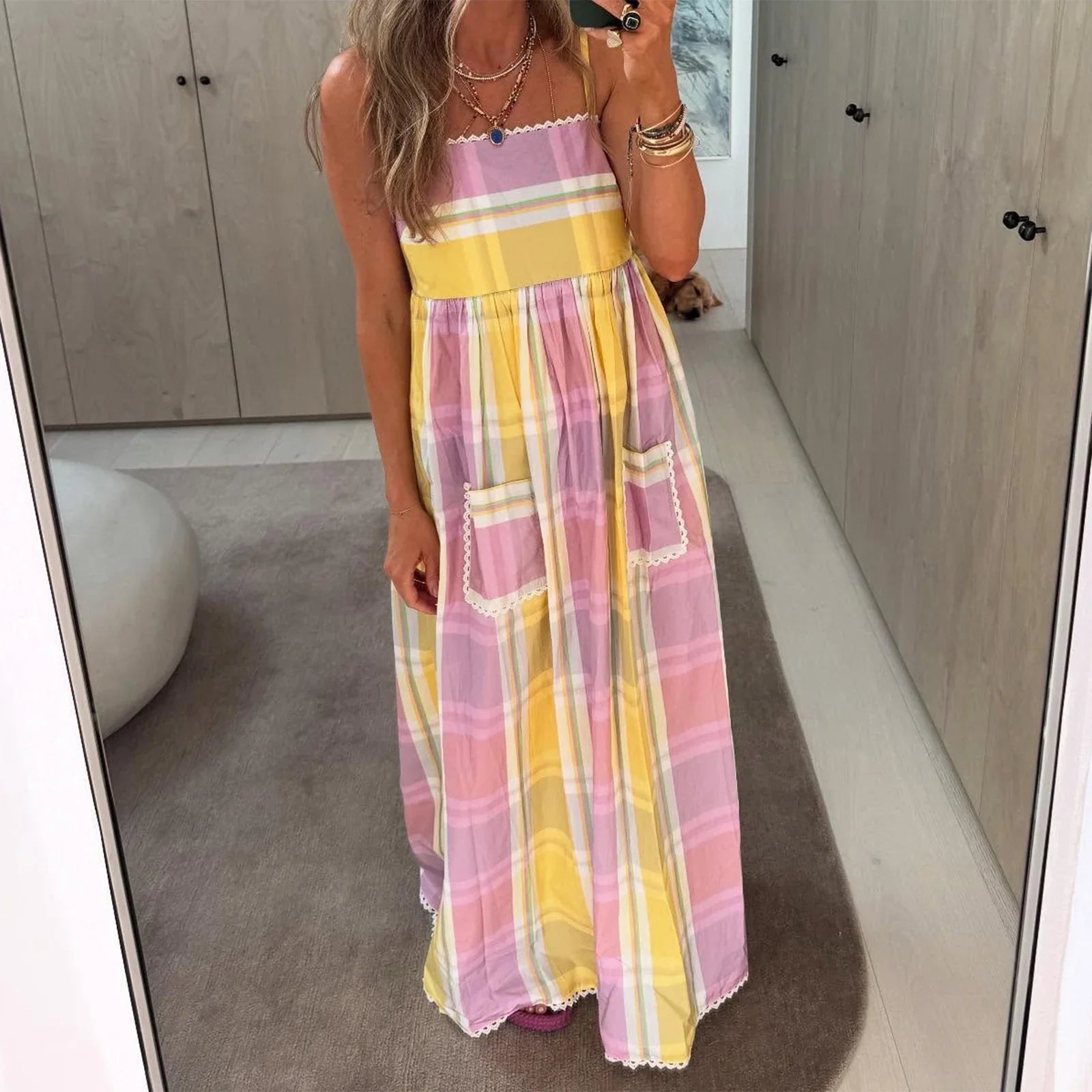 Combhasaki Striped Adjustable Thin Spaghetti Straps Ric-Rac Trim Flowy Beachwear A-line Slip Cami Pocket Long Dress