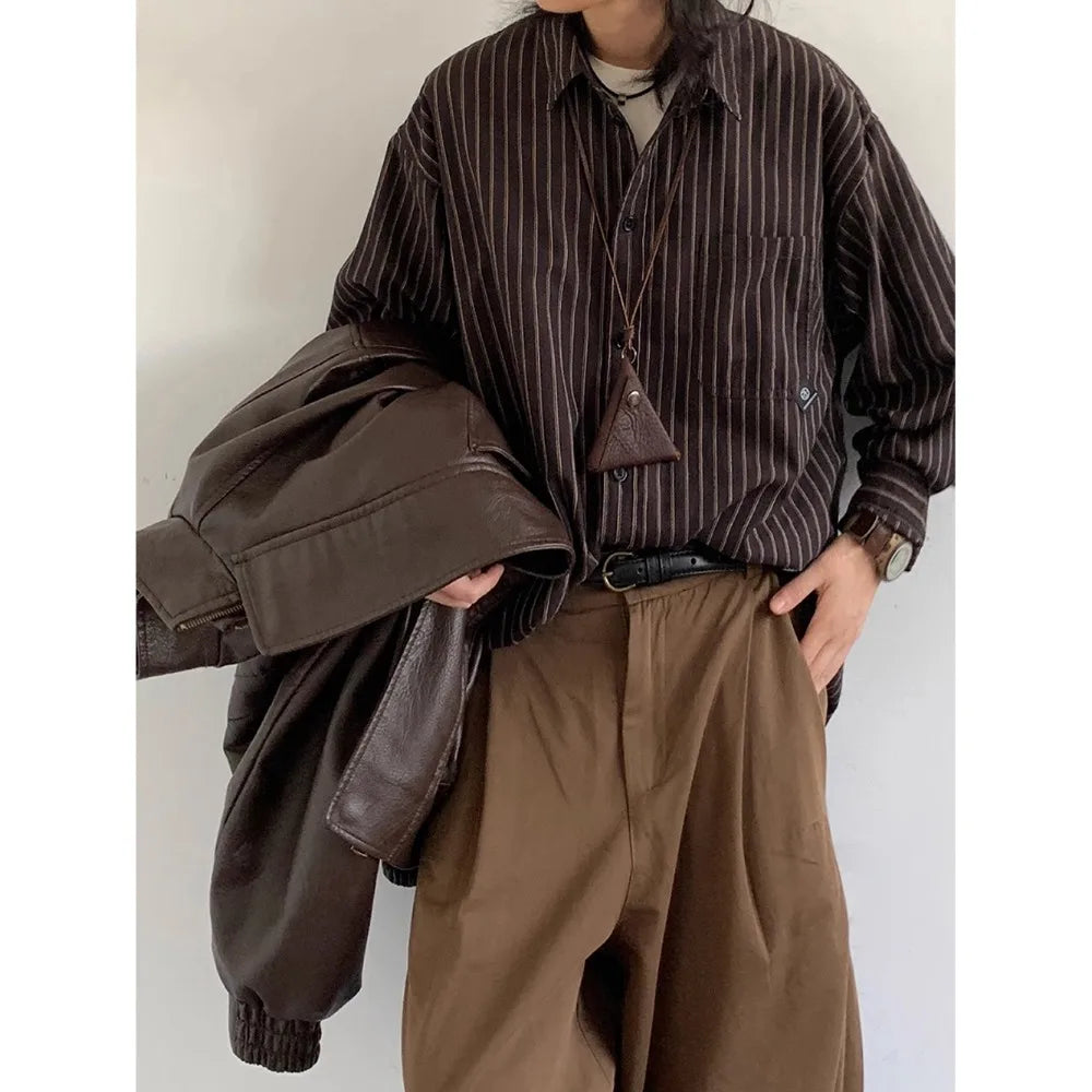 Japanese Retro Vintage Striped Shirt Long Sleeve Loose Casual Oversized Blouse Ins Trendy Top Streetwear