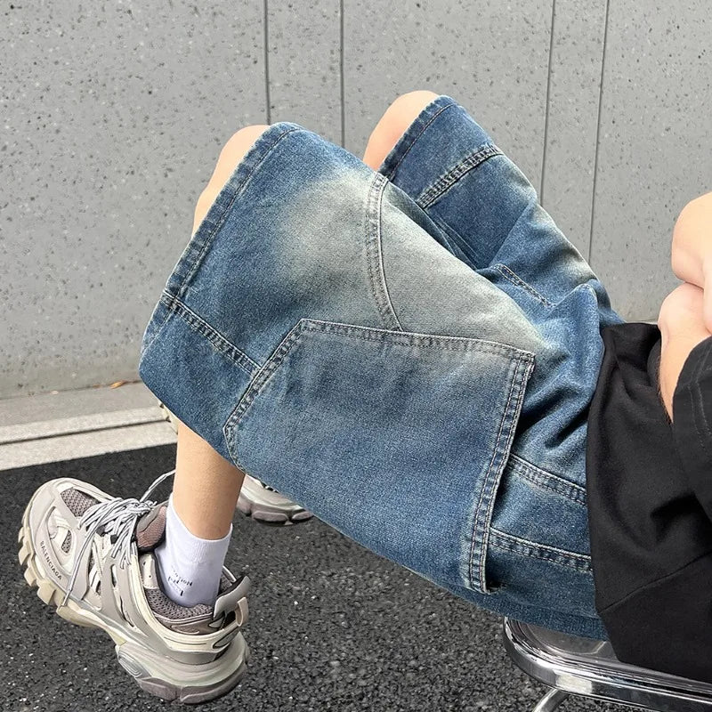 Baggy Denim Shorts Casual Straight Harajuku Jeans Male Vintage Wash Drawstring Short Pants Streetwear