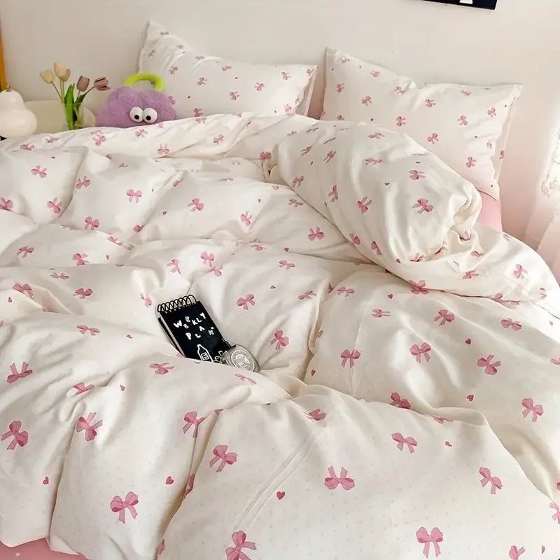 3pcs Pink Bow Duvet Cover Set with 2 Pillowcases, Cozy