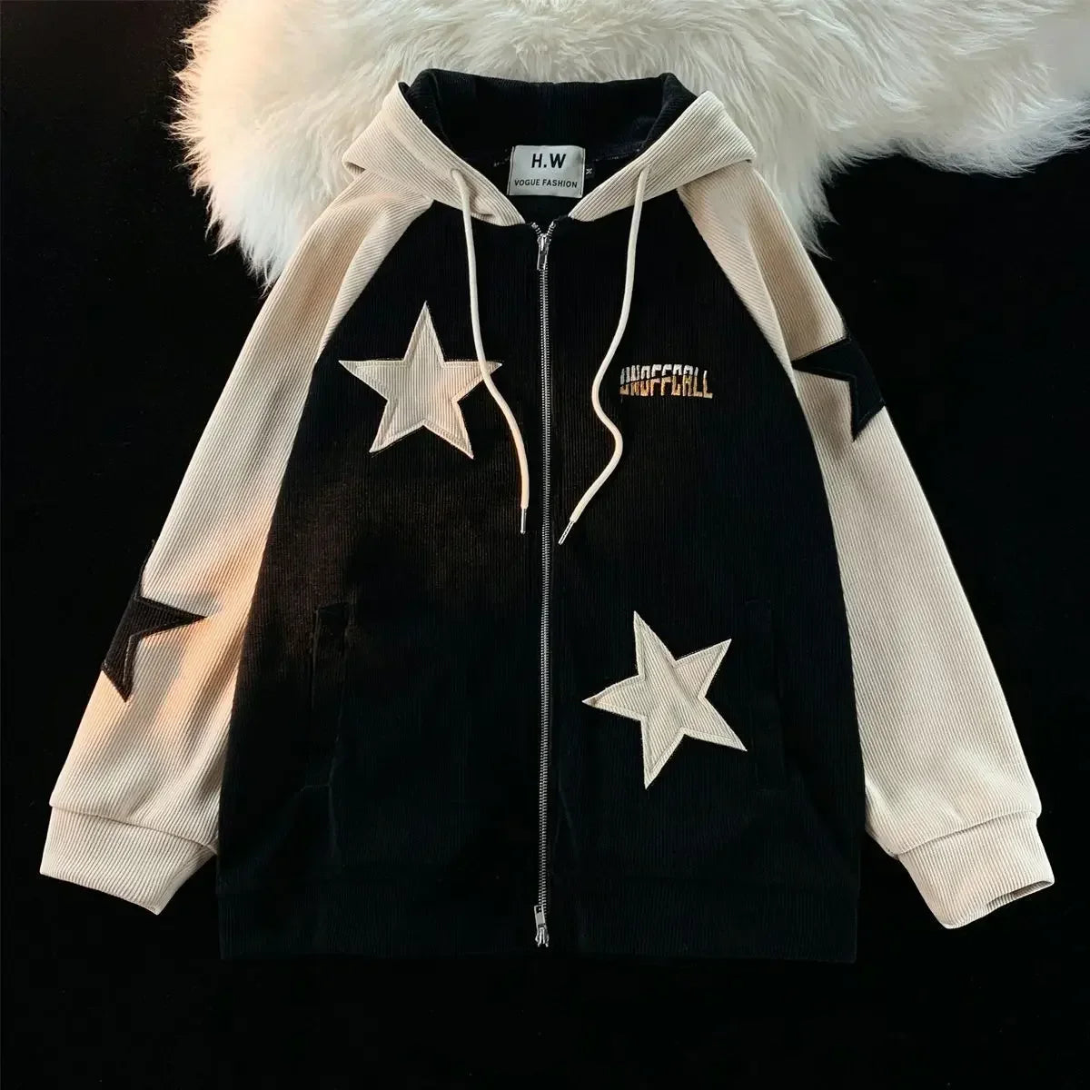 American Retro Star Patch Designs Zipper Hoodie Street Joker Sweatshirt Unisex Stitching Loose Casual Top