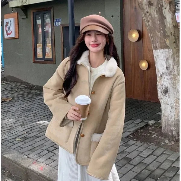 Retro Korean Style Cotton Jacket Lamb Fur Unique Beautiful Short Size Milk Series Cotton Coat