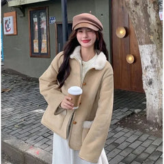 Retro Korean Style Cotton Jacket Lamb Fur Unique Beautiful Short Size Milk Series Cotton Coat