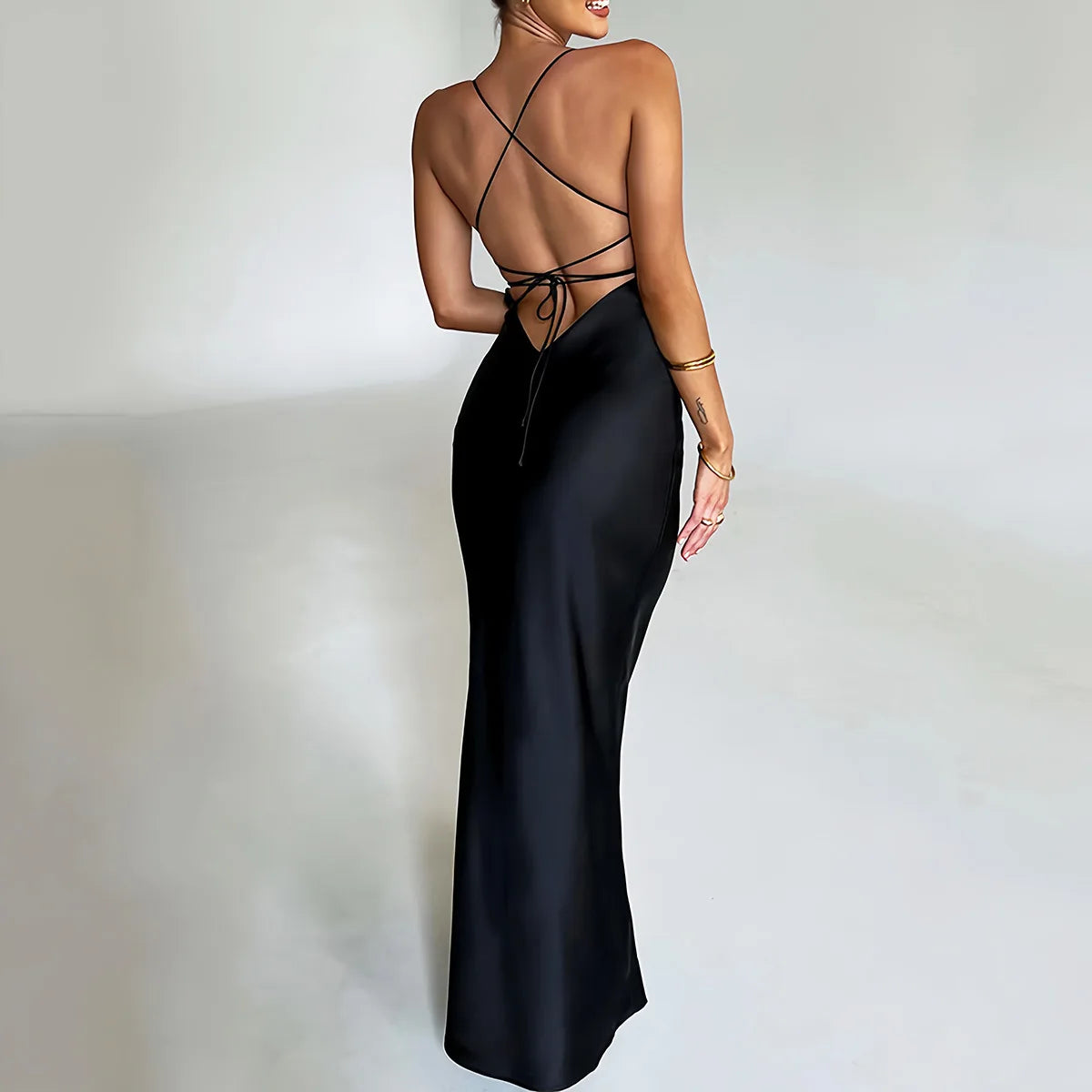 Satin Backless Lace Up Mermaid Slip Dress Sweetheart Neck Slim Bodycon Dresses Elegant Silk Gown Partywear