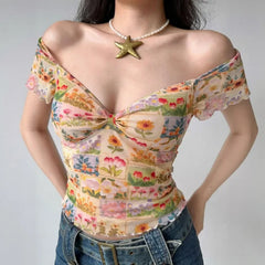 Floral Print Mesh Slim Fit Crop Top Deep Neck Short Sleeve T-Shirt Spicy Girl Top