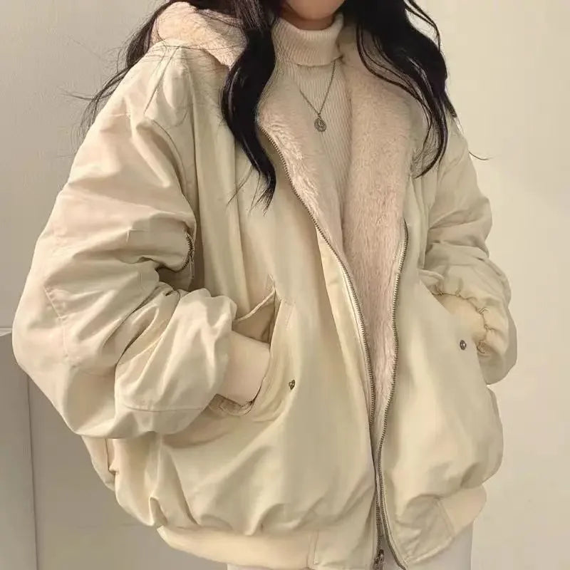 Korean Style Fleece-lined Thickened Double-sided Wear Lamb Wool Cotton-padded Coat Clothing Loose-fit Hooded Top