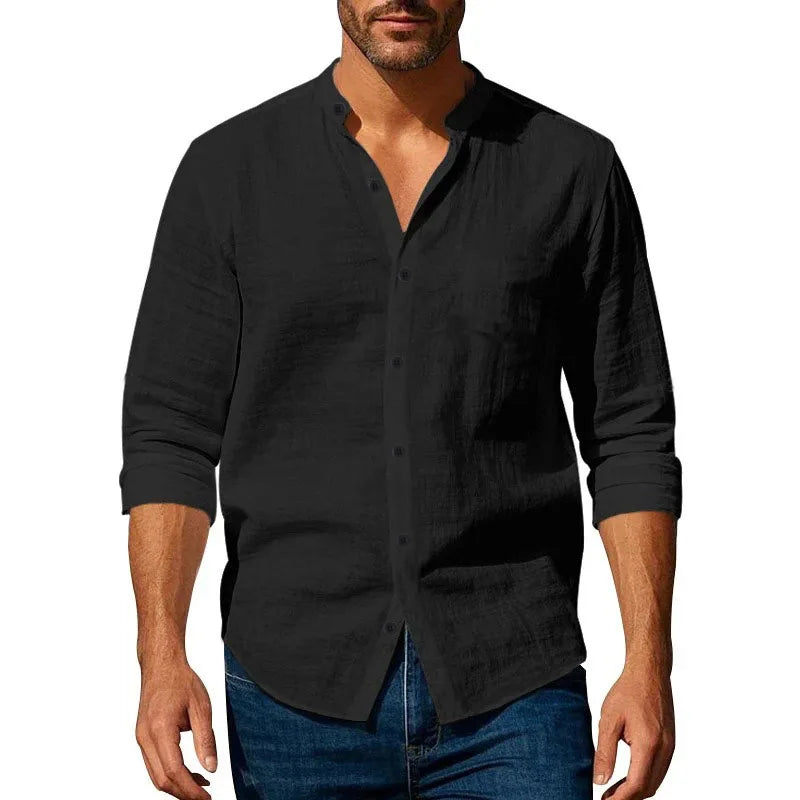 Chemise en coton et lin pour hommes, col Henley, couleur unie, légère, respirante, coupe cintrée, simple boutonnage, manches longues, boutonnée