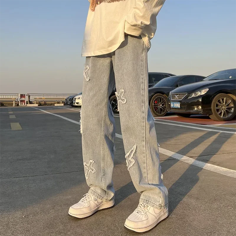Cross Embroidery Y2k Jeanss Straight Denim Pants Casual Vintage Jeans Versatile Streetwear High Street Pants