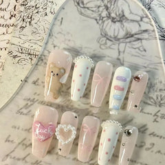 Fresh Bear Cloud Bow Handmade Wear Nails Pearl Love Cute Nail Art Sweet Cartoon Removable Fake Nails