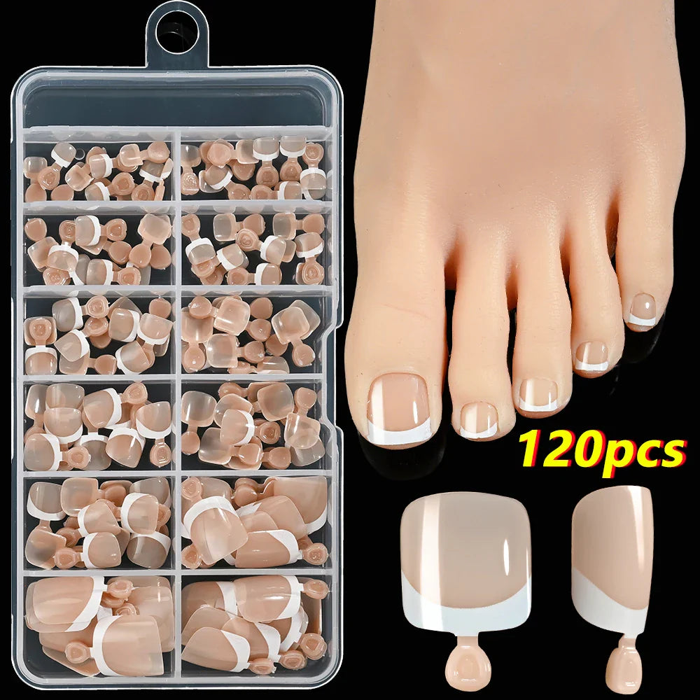 120Pcs Pink French Short Square Fake Nails 12-Sizes Full Cover Press On Nails Wearable Detachable Finished False Fingertips *TD