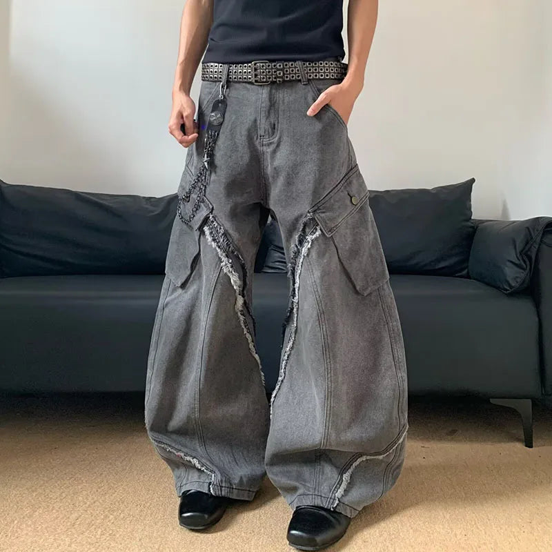 /Korean Vintage Splicing Hairy Zipper Micro Horn Jeans Loose Straight Leg Pants High Street Jeans