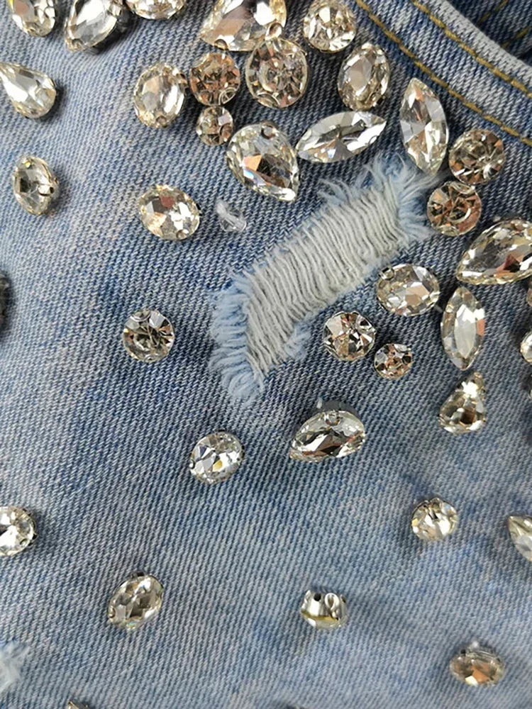 Y2K Distressed Diamond Tassel Blue Short Jeans Ripped Loose Wide Leg Denim Shorts Korean Casual Shorts