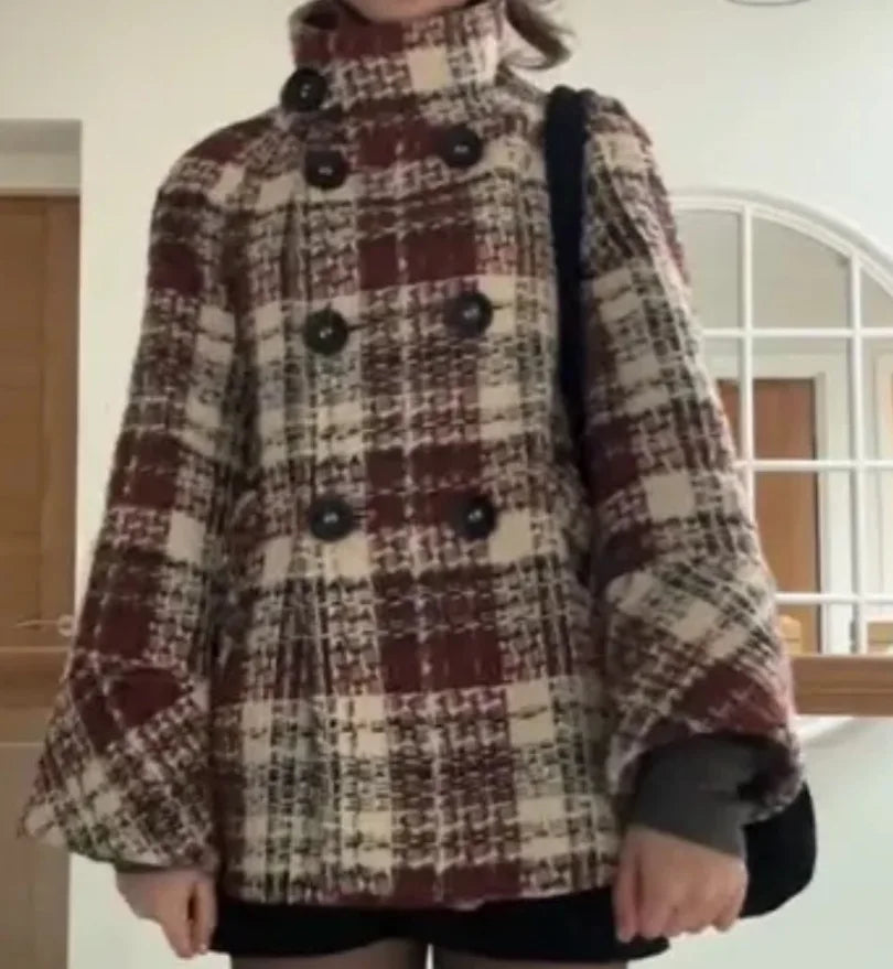 Warm Checkered Turtleneck Shoulder Straight Coat Double Breasted Full Sleeve Middle Long Coat Lady Chic Coat