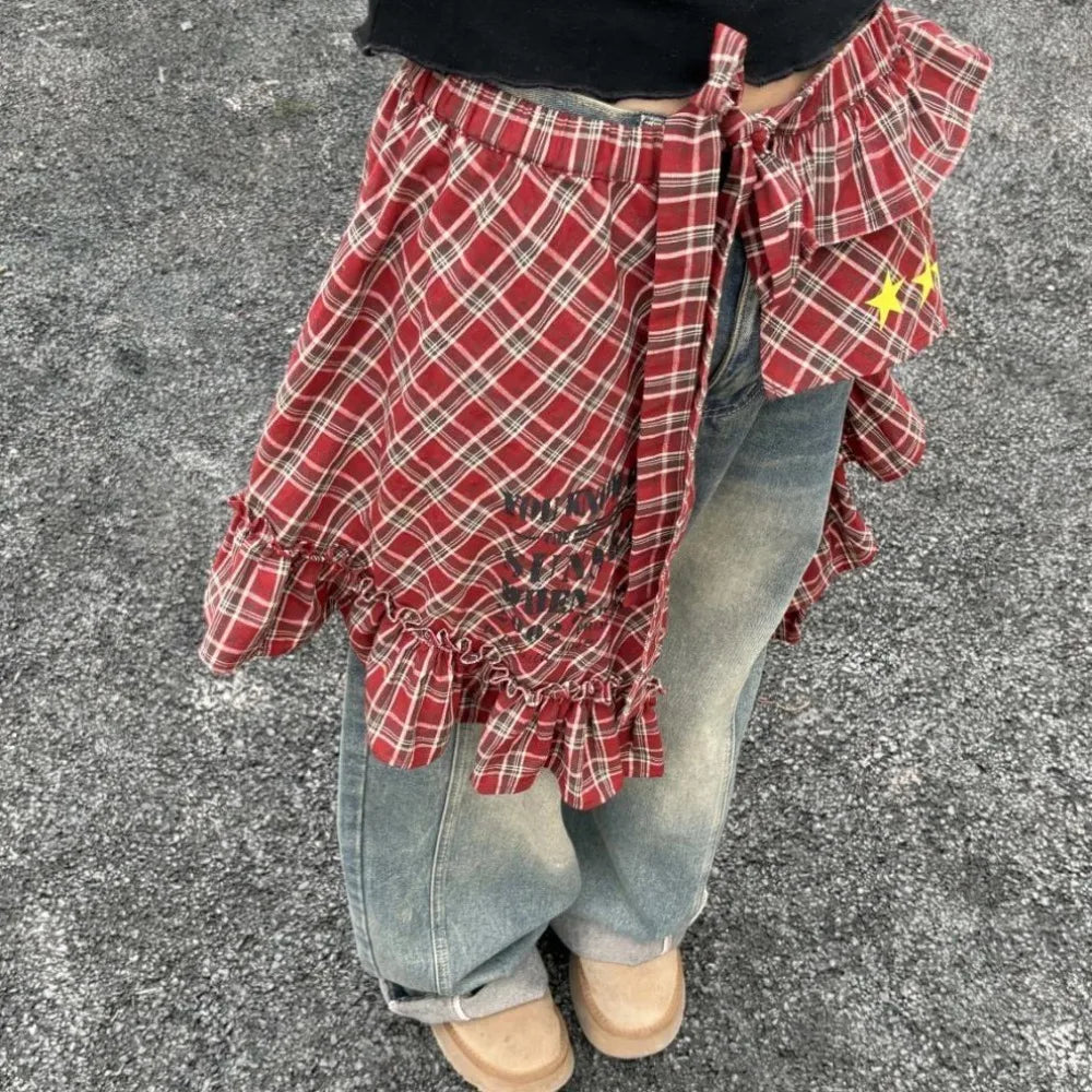 Adjustable Star Layer Outfits Plaid Skirt Hip-hop Sweet Lace Up Hip Scarf Korean Style Y2K Ruffled Edge Waistband Jeans Decor