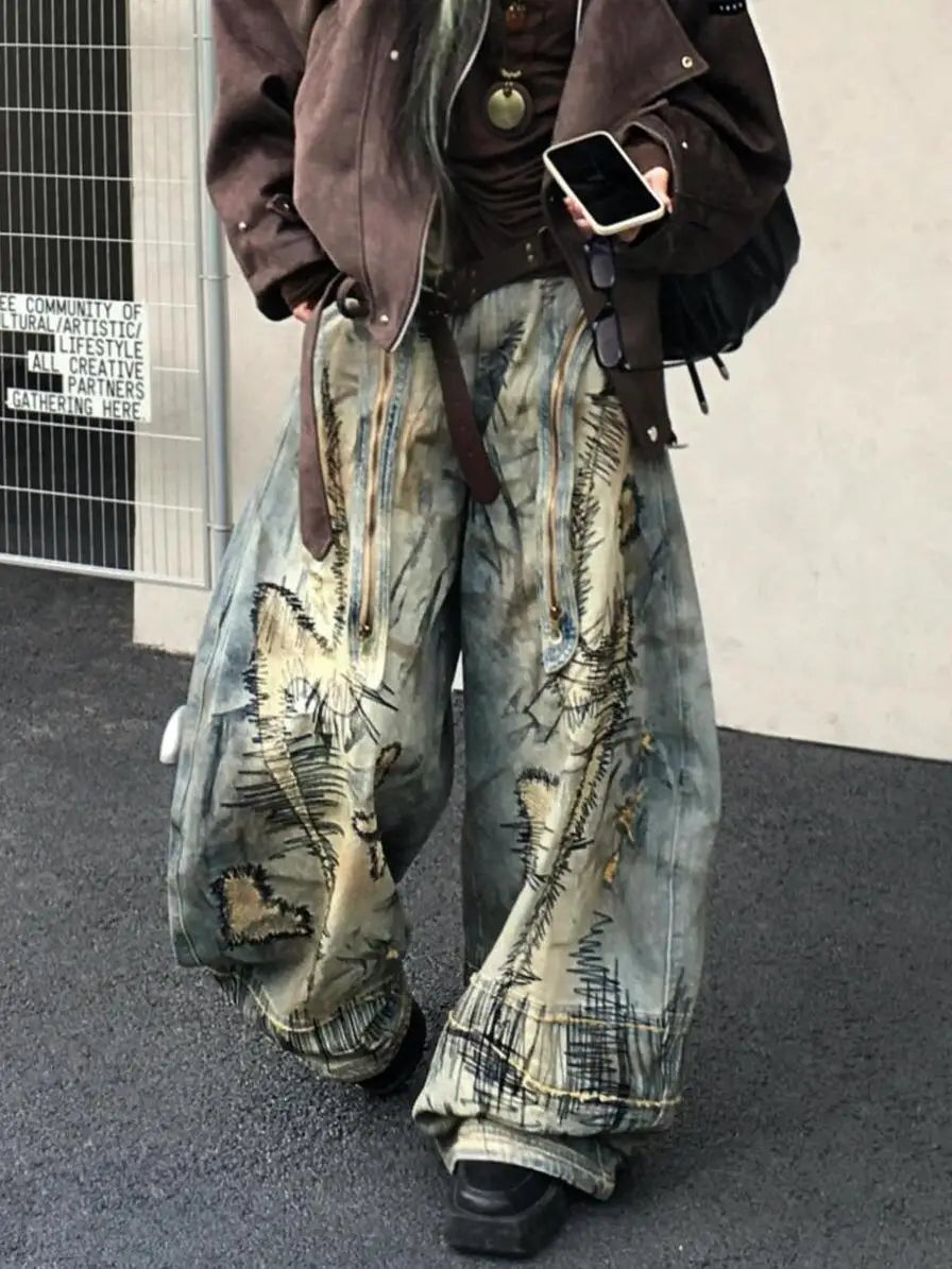 American Street Destruction Style Embroidered Denim Pants Oversized Retro Wash Personality Loose Casual Wide Leg Jeans