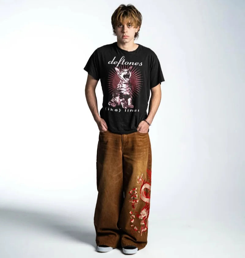 Brown Baggy Harajuku Wide Leg Jeans Dragon